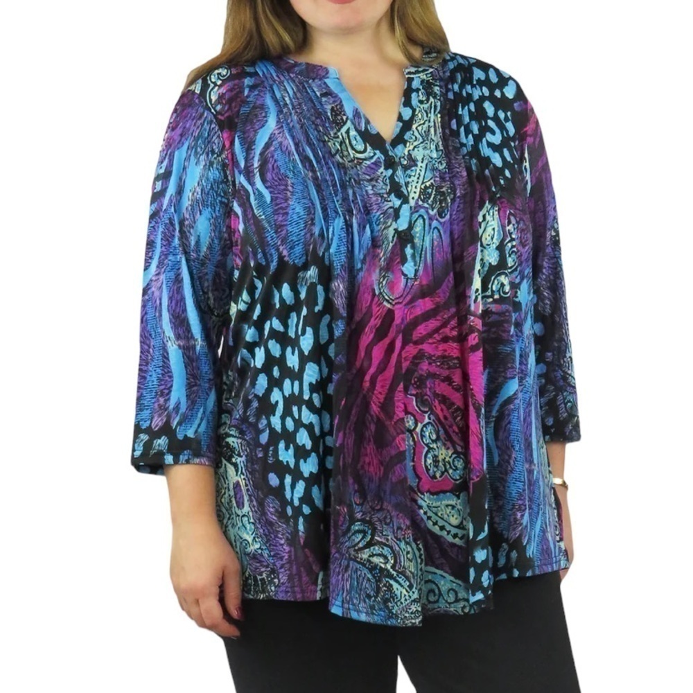 La Cera Pleat Front Printed Tunic Blue Purple Large
